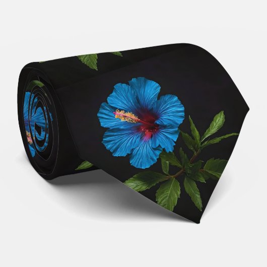 Radiant Blue: Hibiscus bloem op zwart Stropdas (Opgerold)