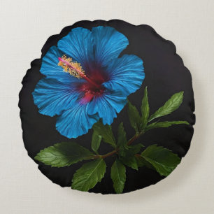 Radiant Blue: Hibiscus tegen bloem op zwart Rond Kussen