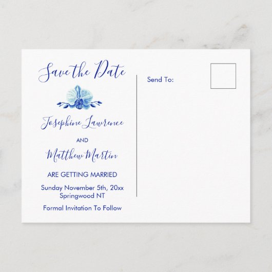 Radiant Blue Orchids Save the Date Aankondigingskaart (Achterkant)