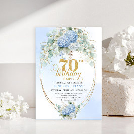 Radiant Boho Blue Floral Gold Frame 70th Birthday Kaart