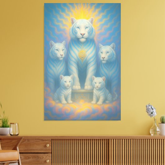 Radiant Celestial White Tiger Family | ManJiangHon Canvas Afdruk (Insitu (Woonkamer))