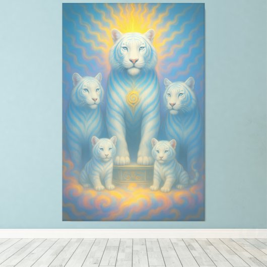 Radiant Celestial White Tiger Family | ManJiangHon Canvas Afdruk (Insitu (Houten vloer))