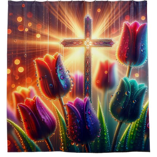 Radiant Christelijk Cross: regendruppels op tulpen Douchegordijn (Voorkant)