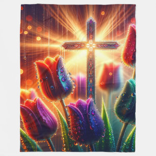 Radiant Christelijk Cross: regendruppels op tulpen Fleece Deken
