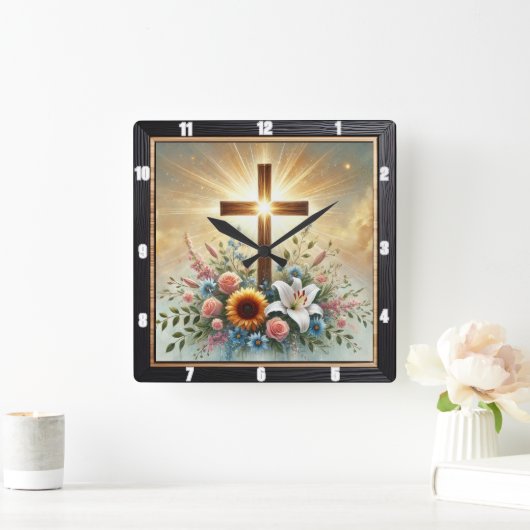Radiant Cross Floral Spiritueel Vierkante Klok (Huis)