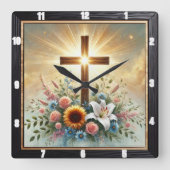 Radiant Cross Floral Spiritueel Vierkante Klok (Voorkant)