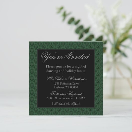 Radiant Damask kerstparty Invite, donkergroen Kaart (Staand voorkant)