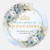 Radiant Dusty Blue Gold Greenery Quinceañera   Ronde Sticker (Voorkant)