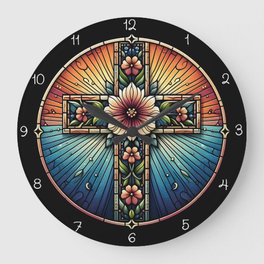 Radiant Floral Cross Glas in lood Grote Klok (Voorkant)