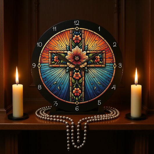 Radiant Floral Cross Glas in lood Grote Klok