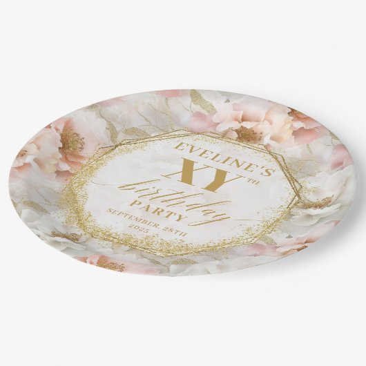 Radiant Floral Ivoor Gouden Verjaardag Papier Bord (Gekanteld)