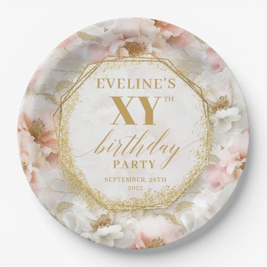 Radiant Floral Ivoor Gouden Verjaardag Papier Bord (Voorkant)