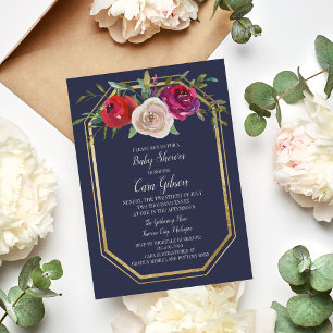 Radiant Floral Navy Blue Burgundy Baby shower Kaart