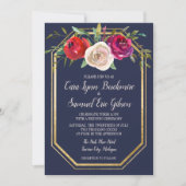 Radiant Floral Navy Blue Burgundy Foto Weddenschap Kaart (Voorkant)