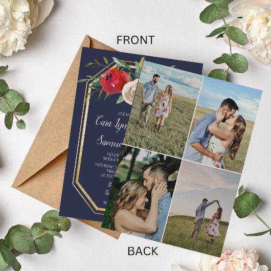 Radiant Floral Navy Blue Burgundy Foto Weddenschap Kaart