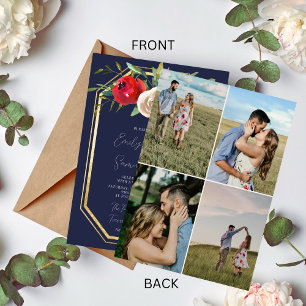 Radiant Floral Navy Blue Burgundy Foto Weddenschap Kaart