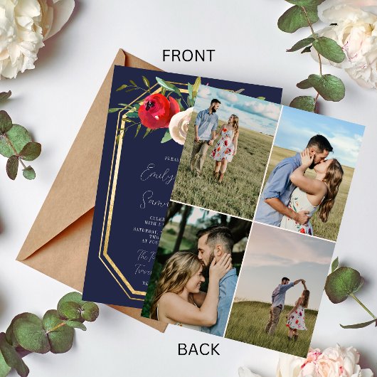 Radiant Floral Navy Blue Burgundy Foto Weddenschap Kaart