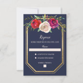 Radiant Floral Navy Blue Burgundy Gold Wedding RSVP Kaartje (Voorkant)