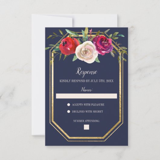 Radiant Floral Navy Blue Burgundy Gold Wedding RSVP Kaartje (Voorkant)