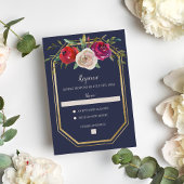 Radiant Floral Navy Blue Burgundy Gold Wedding RSVP Kaartje