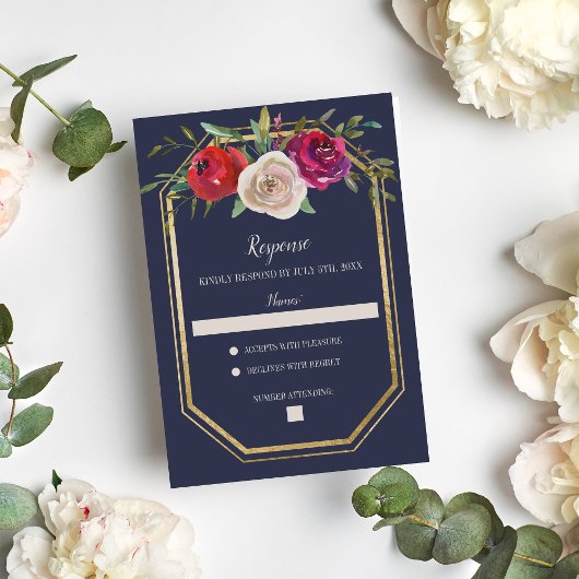 Radiant Floral Navy Blue Burgundy Gold Wedding RSVP Kaartje