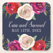 Radiant Floral Navy Blue Burgundy Red Kartonnen Onderzetters (Voorkant)