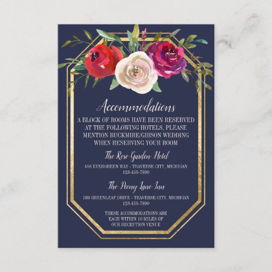 Radiant Floral Navy Blue Burgundy Red Wedding Informatiekaartje (Voorkant)