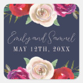 Radiant Floral Navy Blue Burgundy Red Wedding Vierkante Sticker (Voorkant)