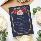 Radiant Floral Navy Blue Burgundy Rehearsal Dinner Kaart