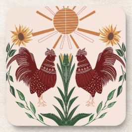 Radiant Folk Art Rooster - Zonnige Symmetrie Ontwe Bier Onderzetter