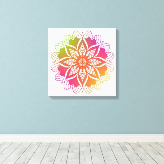 Radiant Harmony: Boho Sinaasappel en Roze Mandala Canvas Afdruk (Insitu (Houten vloer))