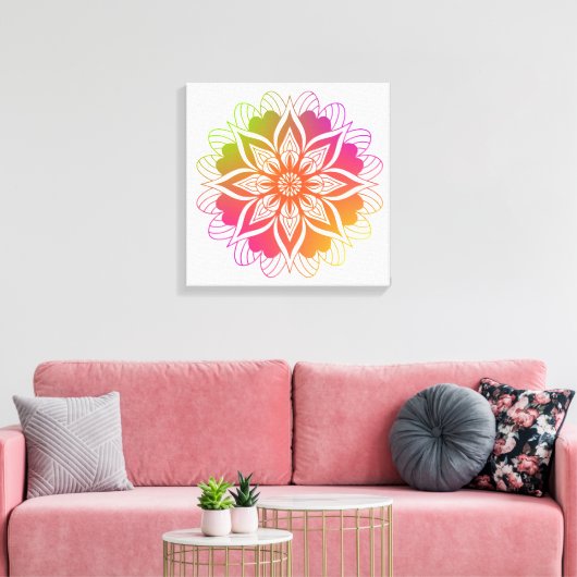 Radiant Harmony: Boho Sinaasappel en Roze Mandala Canvas Afdruk (Insitu (Woonkamer))