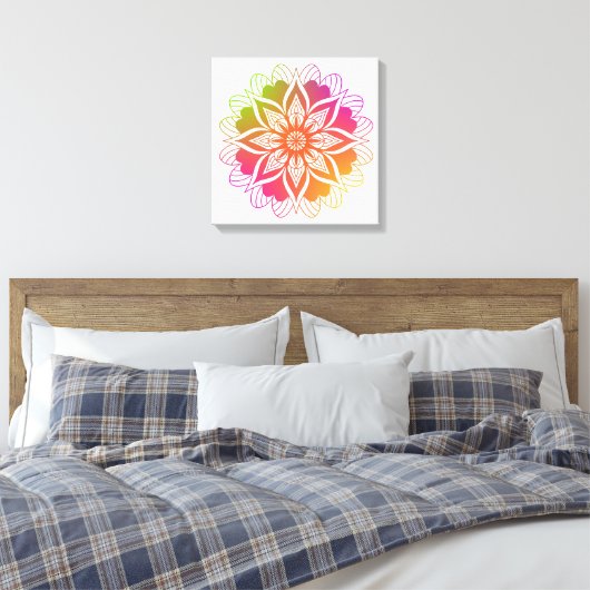 Radiant Harmony: Boho Sinaasappel en Roze Mandala Canvas Afdruk (Insitu (Slaapkamer))