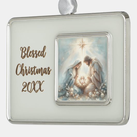 Radiant Holy Family Nativity Scene Verzilverd Omlijst Ornament (Links)