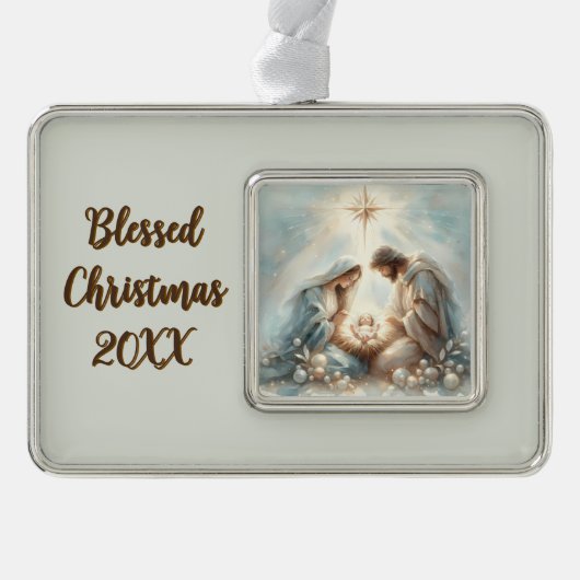 Radiant Holy Family Nativity Scene Verzilverd Omlijst Ornament (Voorkant)