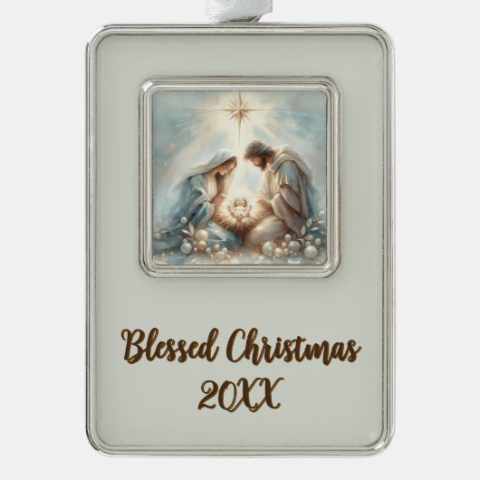 Radiant Holy Family Nativity Scene Verzilverd Omlijst Ornament (Voorkant)