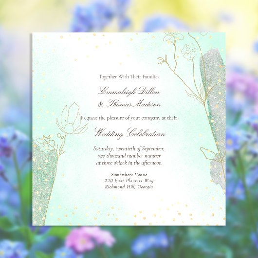 Radiant Mint Green Botanical Glitter Wedding Kaart