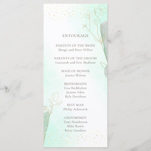 Radiant Mint Green Botanical Glitter Wedding Programmakaart (Achterkant)
