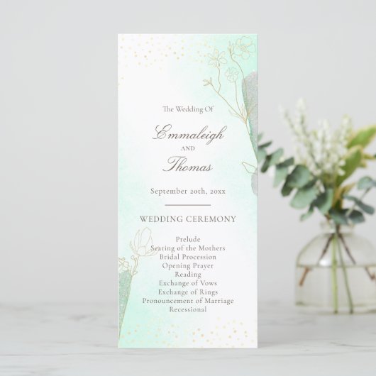 Radiant Mint Green Botanical Glitter Wedding Programmakaart (Staand voorkant)