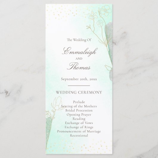 Radiant Mint Green Botanical Glitter Wedding Programmakaart (Voorkant)