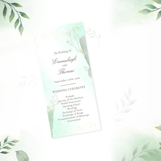 Radiant Mint Green Botanical Glitter Wedding Programmakaart