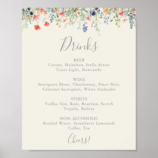Radiant Multicolor Wildflower Wedding Drinken Menu Poster (Voorkant)