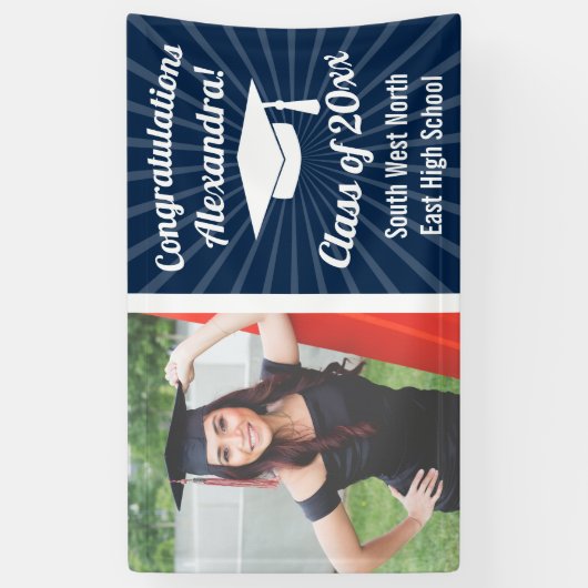 Radiant Navy Blue Custom Photo Afstuderen Banner (Verticaal)