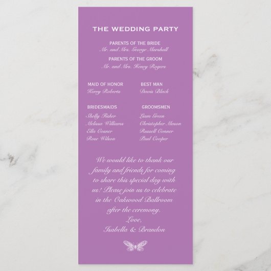 Radiant Orchid Butterfly Wedding Programme Programmakaart (Achterkant)