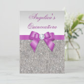 Radiant Orchid Quinceañera Silver Sequins Bow Kaart (Staand voorkant)