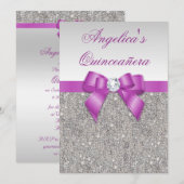 Radiant Orchid Quinceañera Silver Sequins Bow Kaart (Voorkant / Achterkant)