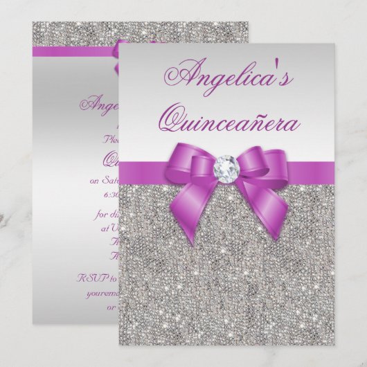 Radiant Orchid Quinceañera Silver Sequins Bow Kaart (Voorkant / Achterkant)