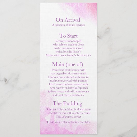 Radiant orchid stylied art bruiloft menu (Achterkant)