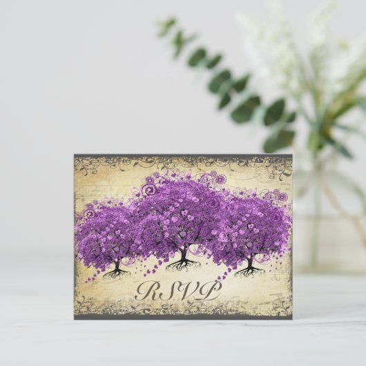 Radiant Paars Heart Leaf Tree Wedding Briefkaart (Staand voorkant)