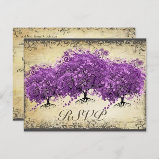 Radiant Paars Heart Leaf Tree Wedding Briefkaart (Voorkant / Achterkant)
